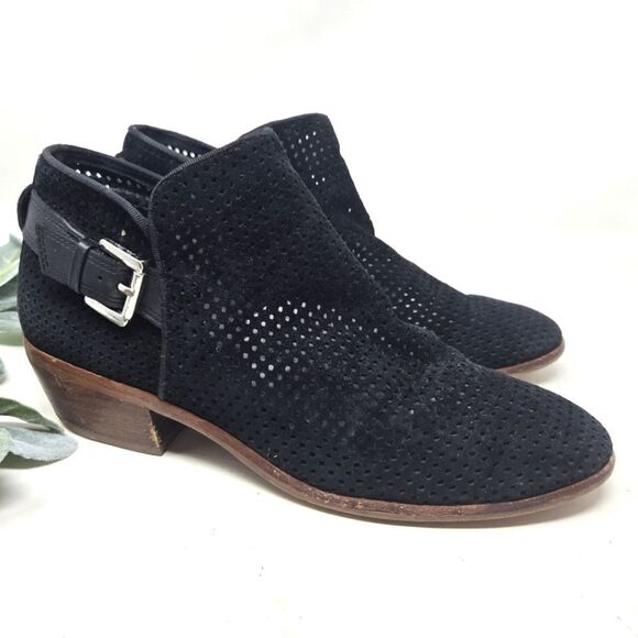 SAM EDELMAN Perforated Low Heel Black Suede Booties 7.5 - Picture 1 of 10